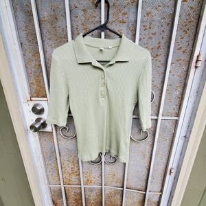 KOTN Sage Green Rib Knit Short Sleeve Polo Top Size L